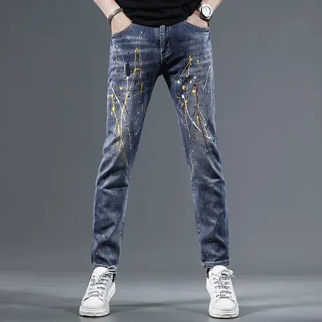夏季薄款牛仔裤男2023新款时尚泼墨修身小脚男士弹力潮流休闲长裤商品大图