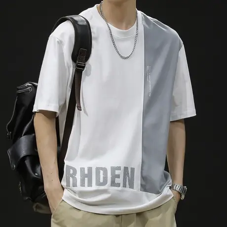 重磅短袖t恤男宽松潮牌胖子大码男装23新款男士体恤男款拼接撞色商品大图