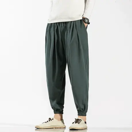 春夏九分裤男棉麻中国风休闲哈伦裤潮流男装宽松收口嘻哈灯笼裤子图片