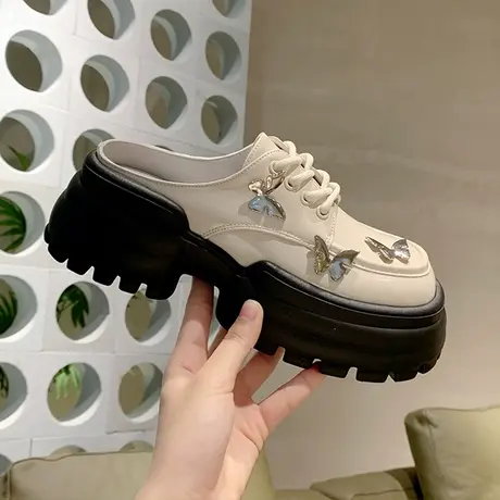 欧货英伦风方头半拖鞋女2023夏季新款休闲松糕厚底蝴蝶结乐福单鞋图片