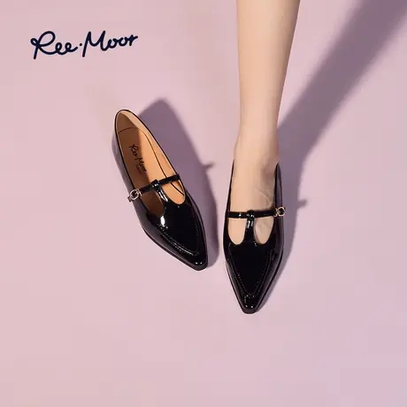 REEMOOR睿慕2023新款秋季包头黑色漆皮舒适软底尖头平底鞋单鞋女商品大图