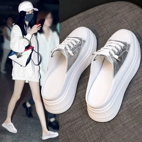 包头小白半拖鞋女2023新款外穿网红厚底松糕无后跟懒人内增高凉拖图片