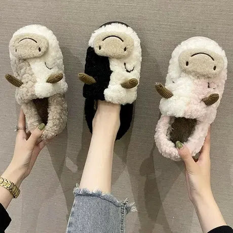 棉拖鞋女冬季可爱奶牛厚底室内家居防滑毛绒保暖月子包跟棉鞋家用商品大图