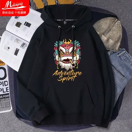 国潮狮头卫衣男连帽中国风潮流ins古风上衣服宽松春秋季薄款外套商品大图