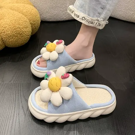 可爱花朵亚麻拖鞋女夏季踩屎感厚底防滑室内家居四季棉麻凉拖外穿商品大图