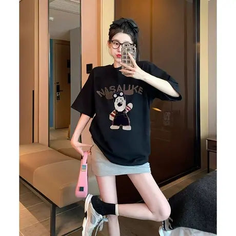 黑色正肩短袖t恤女夏季胖mm大码洋气减龄欧货宽松显瘦上衣2-300斤商品大图