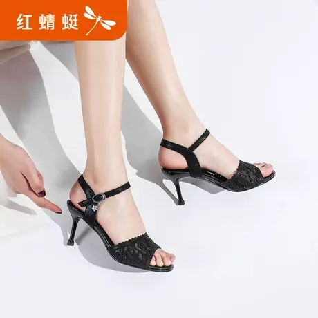 红蜻蜓女鞋夏季新款圆头高跟鞋细跟一字扣带鱼嘴鞋优雅女士凉鞋女图片