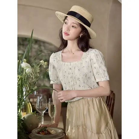 茵曼清新碎花衬衣2023夏季女装新款文艺纯棉花边方领泡泡袖衬衫图片