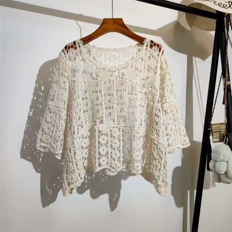 钩花镂空针织衫女夏季新款海边度假吊带背心裙子外搭半袖上衣罩衫商品大图