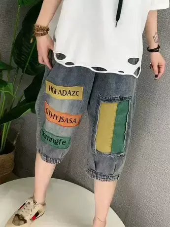 2023夏季新款复古撞色贴布五分牛仔裤女宽松休闲束脚六分中裤薄款商品大图