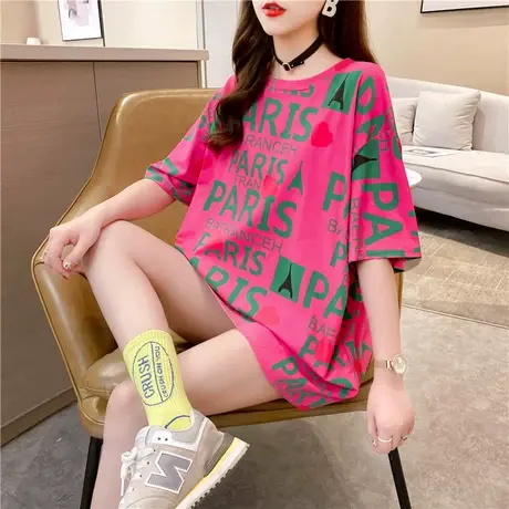 2023年新款早秋中长款上衣设计感小众火龙果色宽松短袖t恤女装夏商品大图