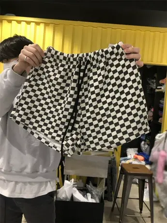 格子运动短裤女夏季薄款三分黑白格纹中裤高腰显瘦阔腿外穿热裤女商品大图