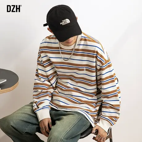 男士复古条纹长袖t恤男美式圆领潮牌秋季上衣体恤男装2023年新款商品大图
