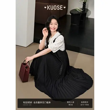 阔色黑色牛仔飘带背心连衣裙女2025初夏新款雪纺拼接休闲背带裙子图片