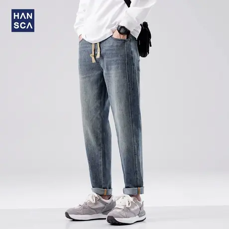 hansca抽绳直筒牛仔裤男秋季新款美式复古猫须水洗做旧中腰长裤子商品大图