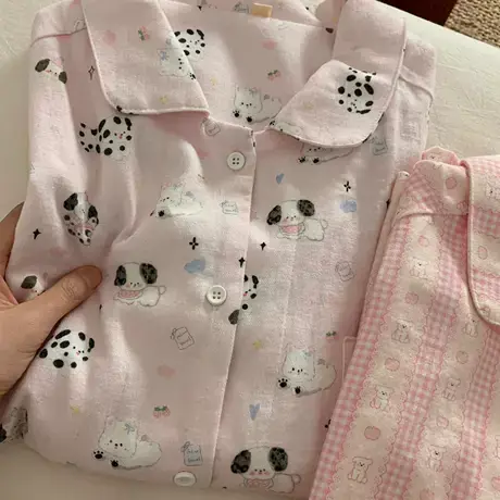 新品！ins韩系少女纯棉磨毛卡通印花睡衣女秋冬家居服套装可外穿商品大图