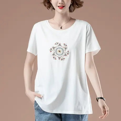 短袖t恤女夏季加肥加大码女装宽松中年妈妈休闲纯棉刺绣显瘦体恤商品大图