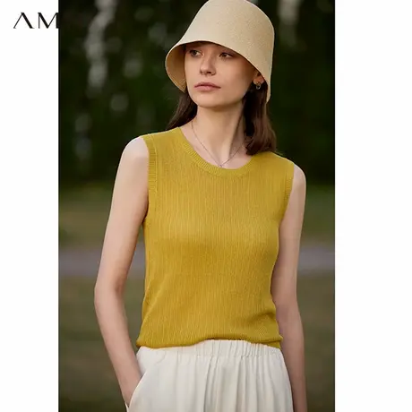 Amii2025夏新款极简纯色无袖圆领天丝亚麻混纺针织吊带背心女商品大图