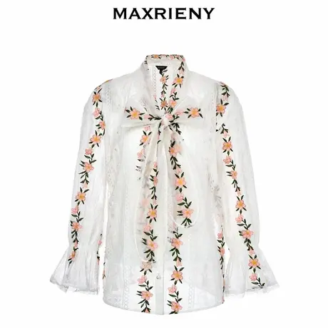 【奥莱】MAXRIENY刺绣绑带蕾丝小衫秋季长袖碎花衬衣图片