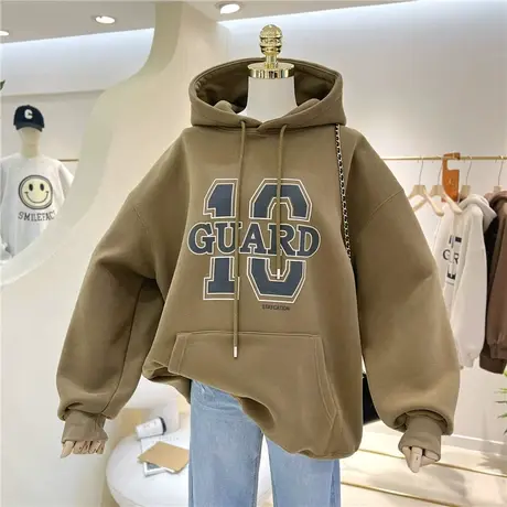 复古美式字母宽松慵懒时尚百搭加绒加厚保暖连帽卫衣女中长款外套商品大图