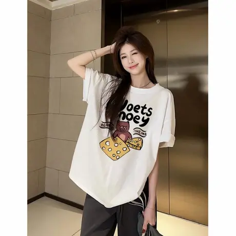 韩系趣味印花纯棉小熊t恤女2025夏季新款宽松圆领短袖chic上衣潮商品大图
