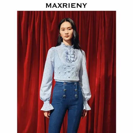 【奥莱】MAXRIENY复古宫廷感植绒波点衬衫修身上衣商品大图