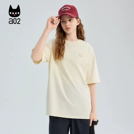 a02黑猫系列米色宽松圆领短袖T恤女2025秋季新款设计感秋装上衣商品大图