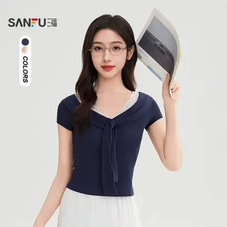 三福短T恤2025夏季拼接蕾丝领口绑带甜美圆领上衣女装508916图片