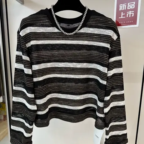高端欧货韩系条纹设计套头上衣女2025早秋新款圆领长袖减龄显瘦潮商品大图