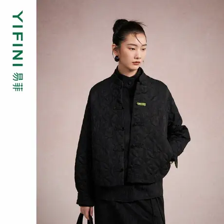 [专柜同款]Yifini/易菲暗纹提花小立领新中式宽松短款棉服外套女商品大图