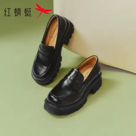 红蜻蜓乐福鞋女2025秋季新款女鞋增高厚底小皮鞋英伦复古黑色单鞋商品大图