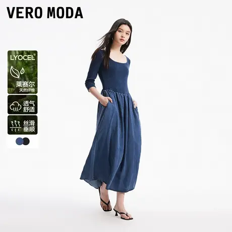 Vero Moda奥莱连衣裙夏季新款拼接高腰修身半袖A摆莱赛尔长裙子图片