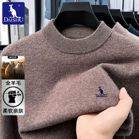 Dai Shu/袋鼠冬季100%绵羊毛针织羊毛衫男士半高领刺绣针织衫毛衣商品大图