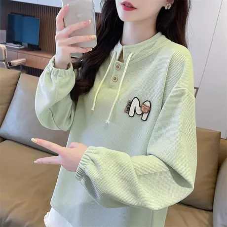 半高领卫衣女春秋韩版宽松大码女装薄款华夫格小个子百搭上衣外套商品大图