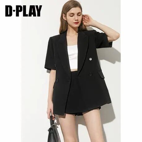 DPLAY德帕拉秋新款气质黑经典双排扣宽松上衣短袖西装外套商品大图