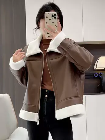 机车风羊羔毛外套女2023秋冬新款爆款轻熟风皮毛一体上衣PU皮夹克商品大图