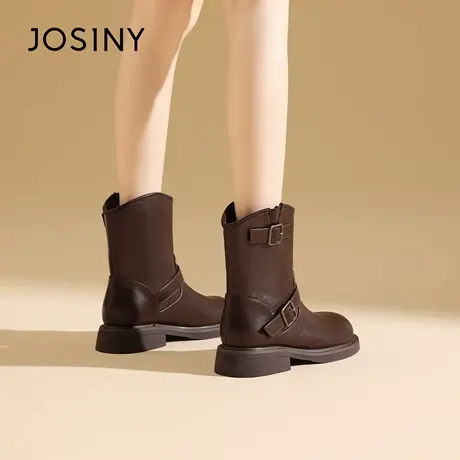 Josiny/卓诗尼英伦风皮带扣机车靴女粗跟中筒靴复古马丁靴商品大图