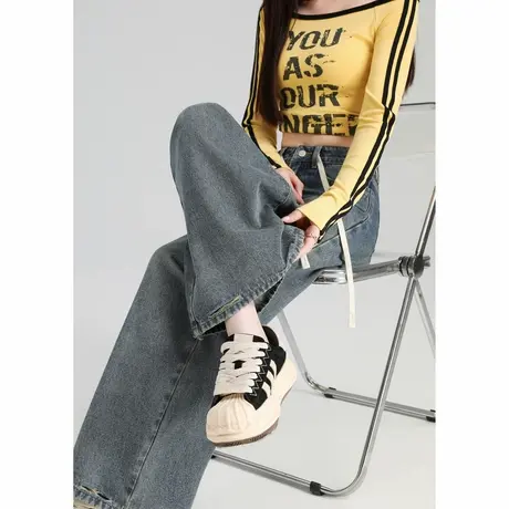 唐狮冬款牛仔裤女秋磨破牛仔长裤直筒裤女高级感百搭女裤TUTA商品大图