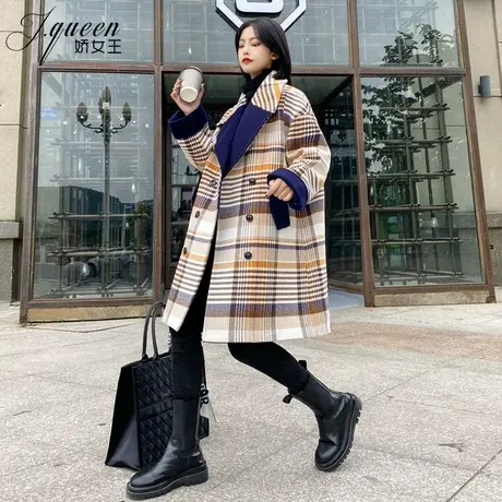 格子毛呢外套女加厚保暖秋冬新款复古宽松休闲中长款时尚呢子大衣商品大图