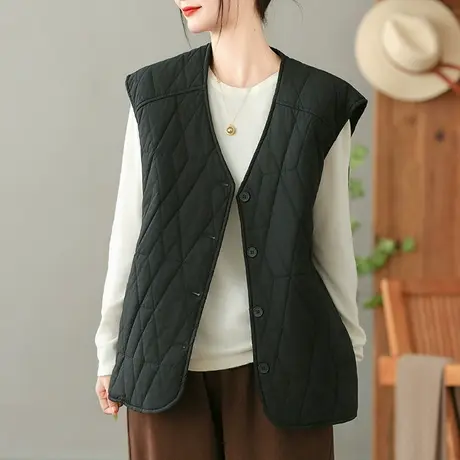 dza 复古菱格休闲棉衣马甲背心女秋冬外搭工字宽松V领棉马夹上衣商品大图