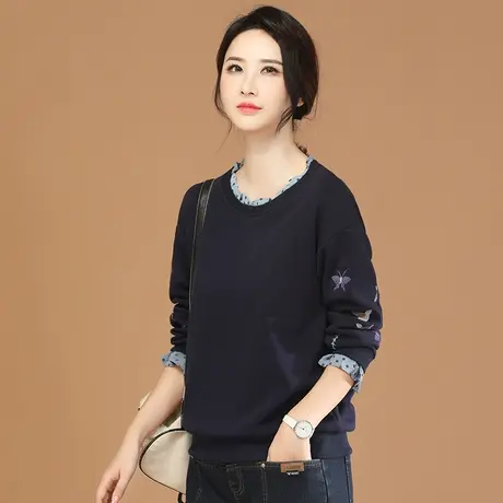 韩潮袭人圆领长袖刺绣加绒卫衣女2023冬季新款宽松休闲保暖上衣厚商品大图