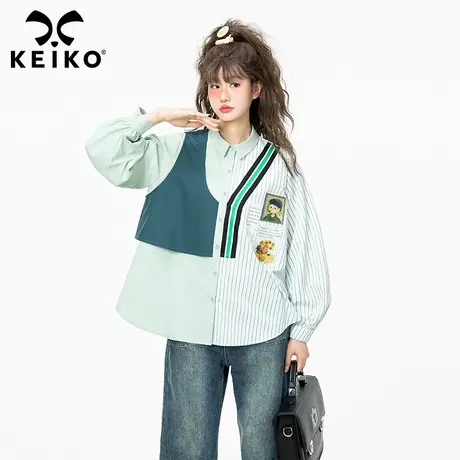 别致酷感拼色长袖衬衫女2023早秋设计感小众洋气宽松泡泡袖上衣潮图片