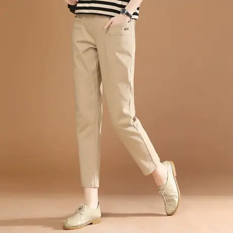 新品8.5折】卡其色松紧腰加绒休闲裤女哈伦西装长裤子厚图片