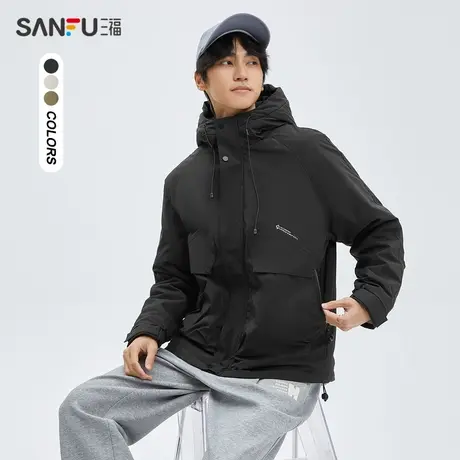 三福2023冬男士拉链装饰户外短棉衣 运动风宽松连帽外套473424商品大图