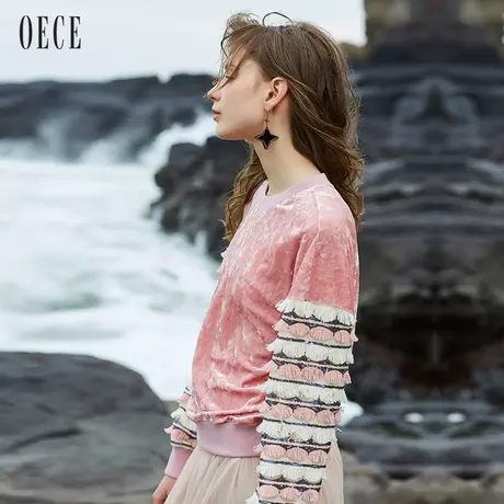 Oece春装新款 甜美淑女短流苏长袖套头卫衣春女HB042图片