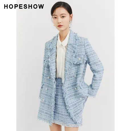 红袖outlets香风双排扣翻领外套hopeshow2023秋款气质温柔风上衣商品大图