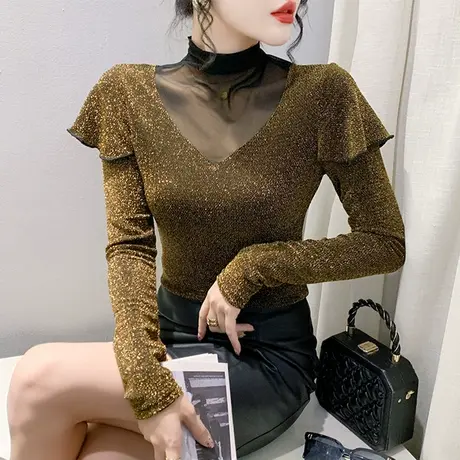 性感网纱立领T恤女长袖设计感亮丝烫钻上衣洋气修身透气打底衫秋商品大图
