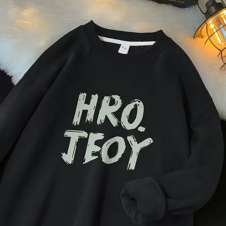 450g重磅日系卫衣男秋冬款宽松长袖t恤摇粒绒加厚黑色无帽上衣服商品大图