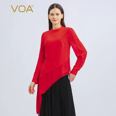 VOA真丝30姆米重磅树莓红立领长袖撞料拼接双层尖角摆桑蚕丝T恤衫图片