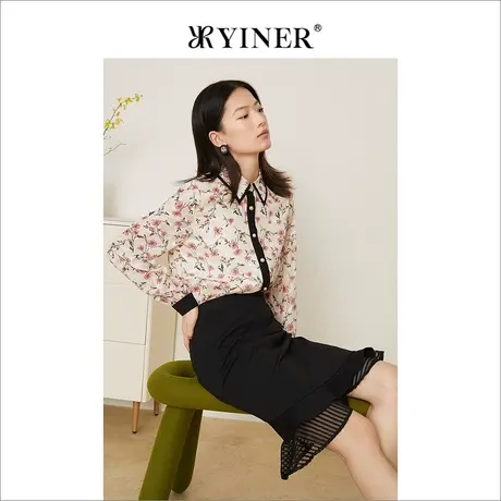 *YINER音儿奥莱女装春季时尚碎花印花撞色POLO领衬衫商品大图